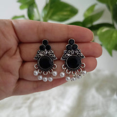 Round Shape Gorgeous Black Stone Studded Silver Oxidised Earrings