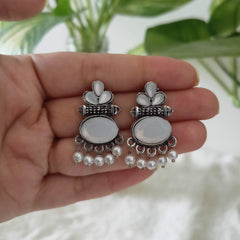 Oval Shape Beautiful White Stone Studded Silver Oxidised Earrings