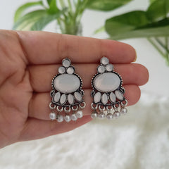 Oval Shape Drop Beads White Stone Studded Silver Oxidised Earrings