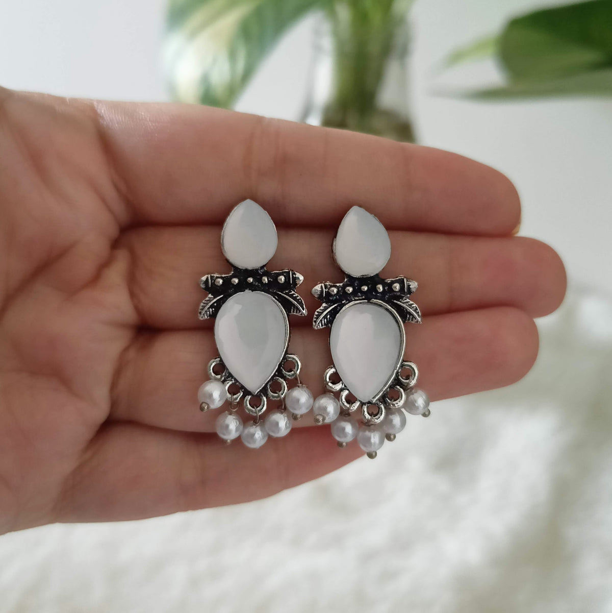 Leaf Design Drop Beads White Stone Studded Silver Oxidised Earrings