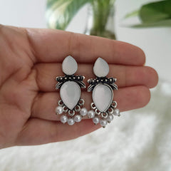 Leaf Design Drop Beads White Stone Studded Silver Oxidised Earrings