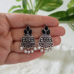 Kalash Shape Black Stone Studded Silver Oxidised Earrings