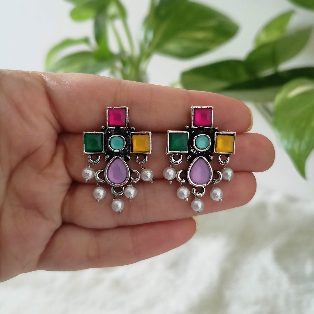Gorgeous Multicolor Stone Studded Silver Oxidised Earrings