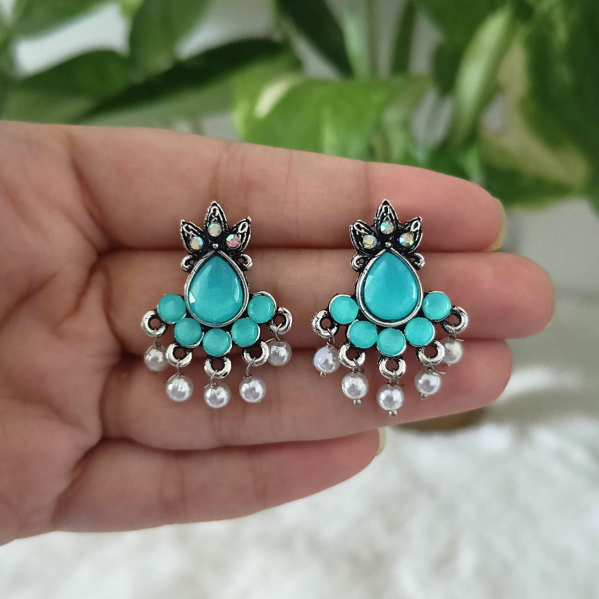 Aqua Blue Color Stone Studded Silver Oxidised Earrings