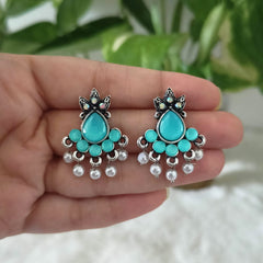 Aqua Blue Color Stone Studded Silver Oxidised Earrings