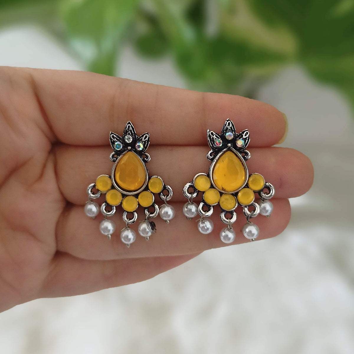 Yellow Color Stone Studded Silver Oxidised Earrings