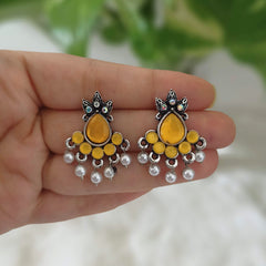 Yellow Color Stone Studded Silver Oxidised Earrings