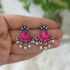 Rani Pink Color Stone Studded Silver Oxidised Earrings