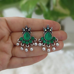 Green Color Stone Studded Silver Oxidised Earrings