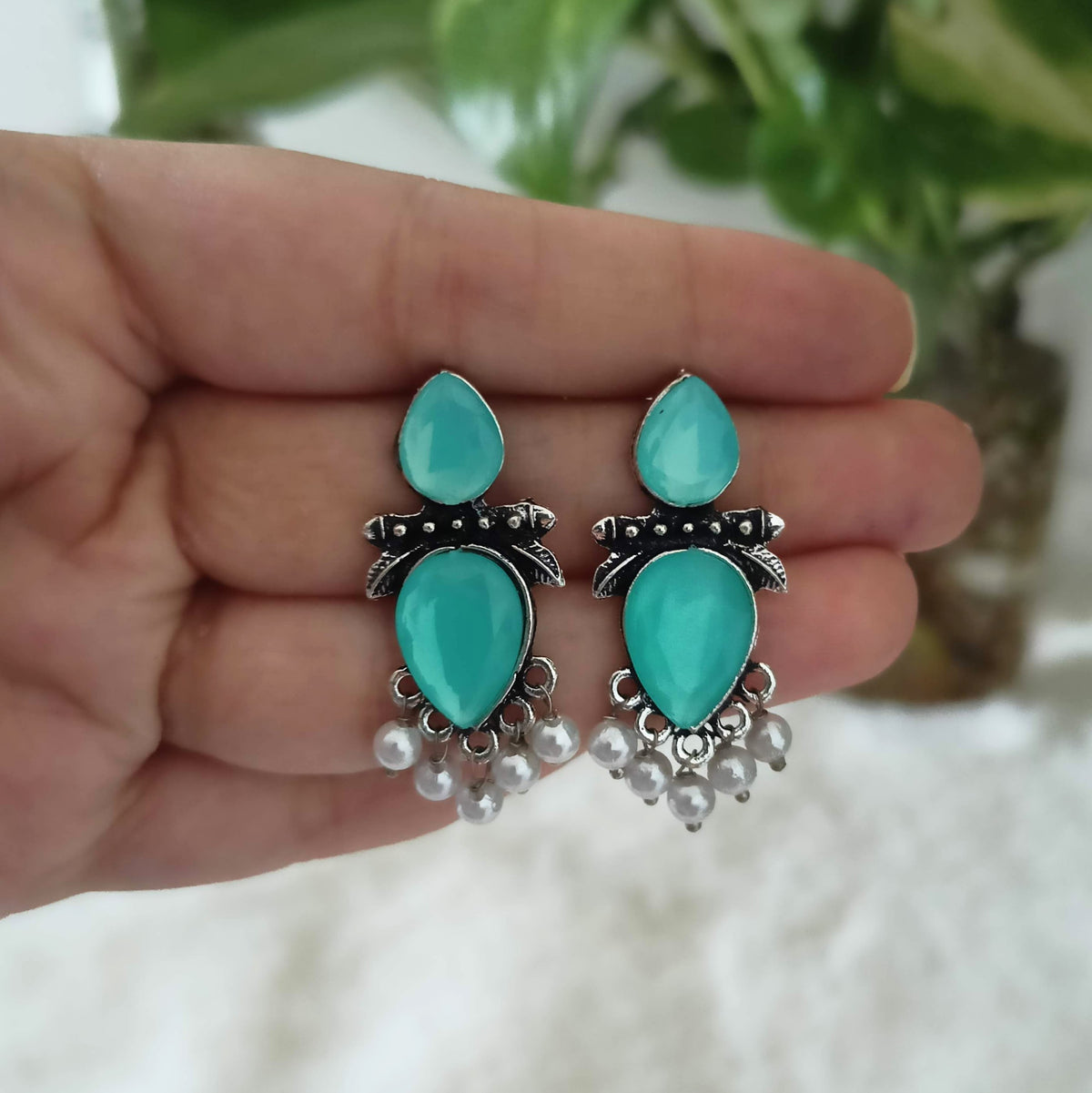 Aqua Blue Color Stone Studded Beautiful Silver Oxidised Earrings