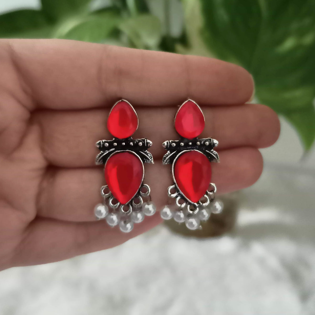 Red Color Stone Studded Beautiful Silver Oxidised Earrings
