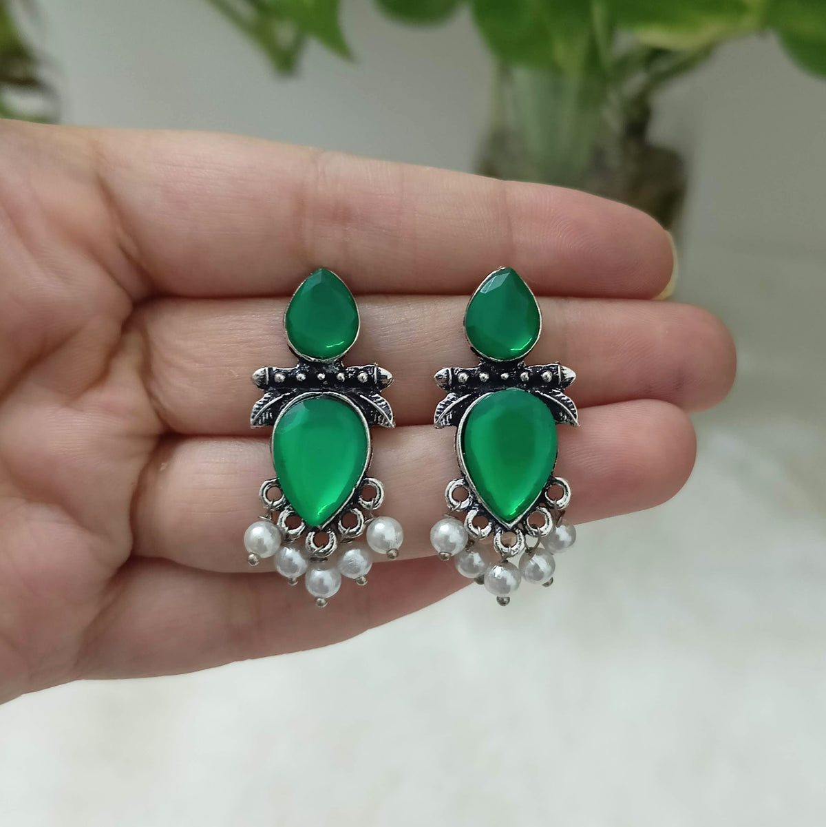 Green Color Stone Studded Beautiful Silver Oxidised Earrings