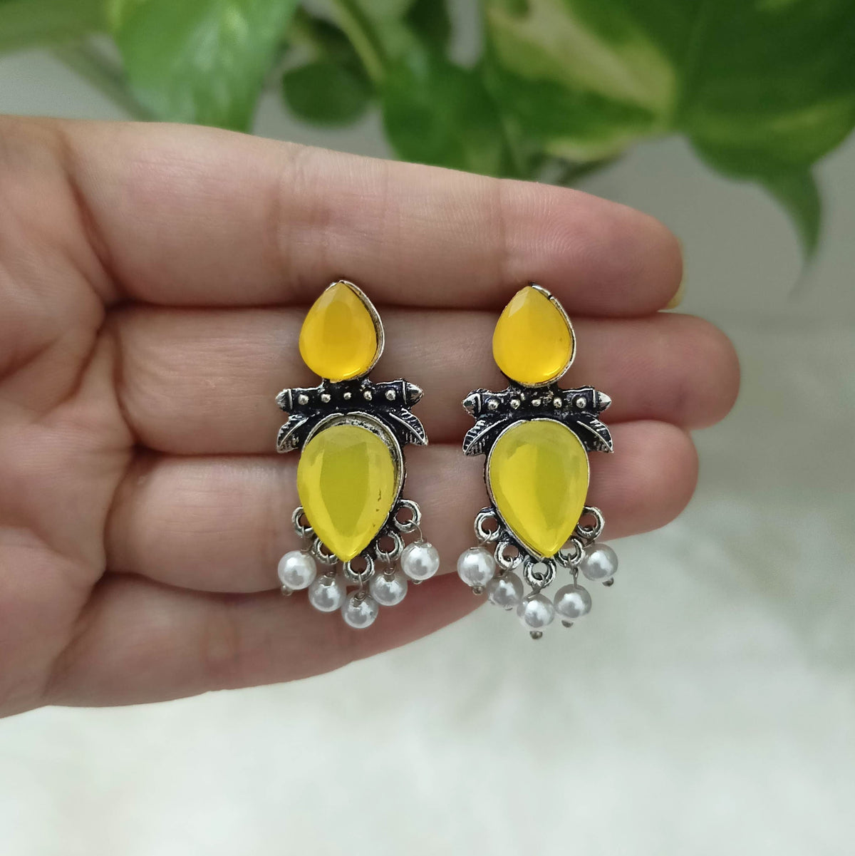 Yellow Color Stone Studded Beautiful Silver Oxidised Earrings