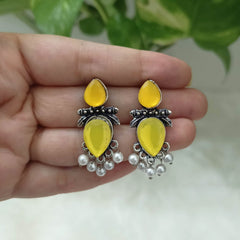 Yellow Color Stone Studded Beautiful Silver Oxidised Earrings