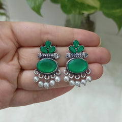 Green Color Stone Studded Oval Shape Silver Oxidised Earrings