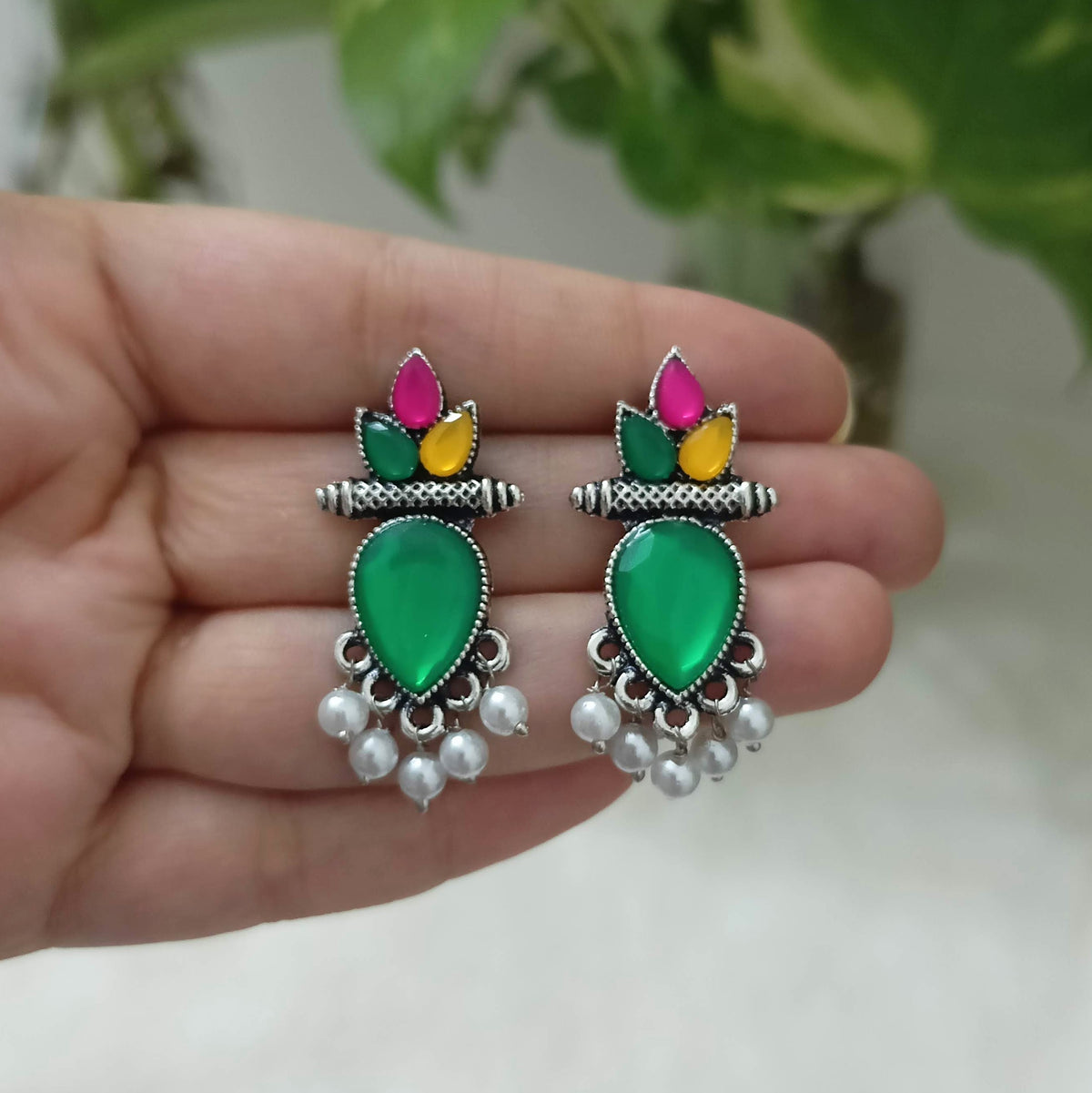 Green & Multicolor Stone Studded Silver Oxidised Earrings