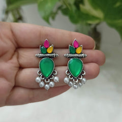 Green & Multicolor Stone Studded Silver Oxidised Earrings