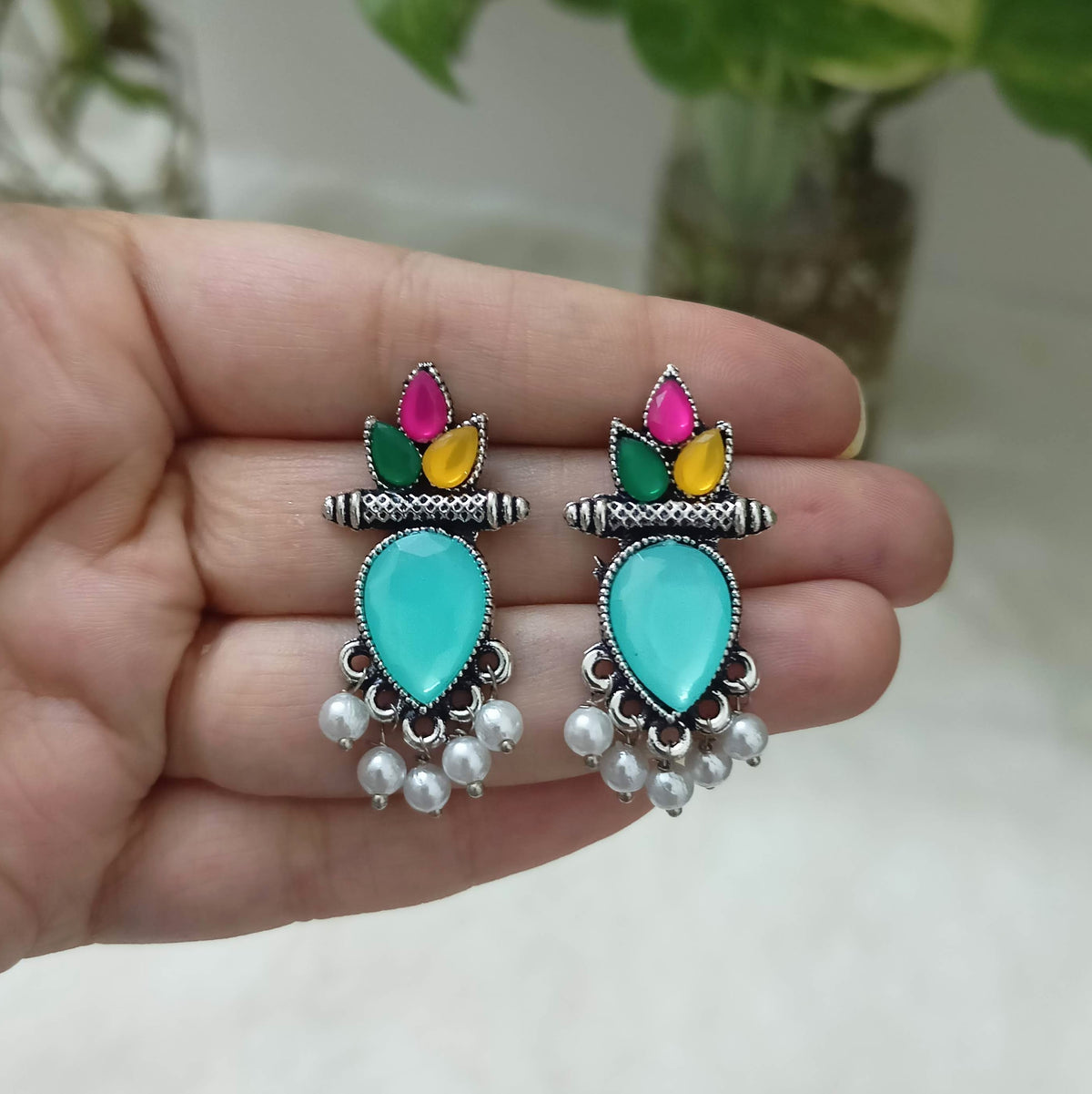 Aqua Blue & Multicolor Stone Studded Silver Oxidised Earrings