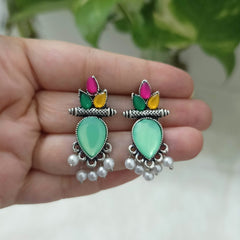 Light Green & Multicolor Stone Studded Silver Oxidised Earrings