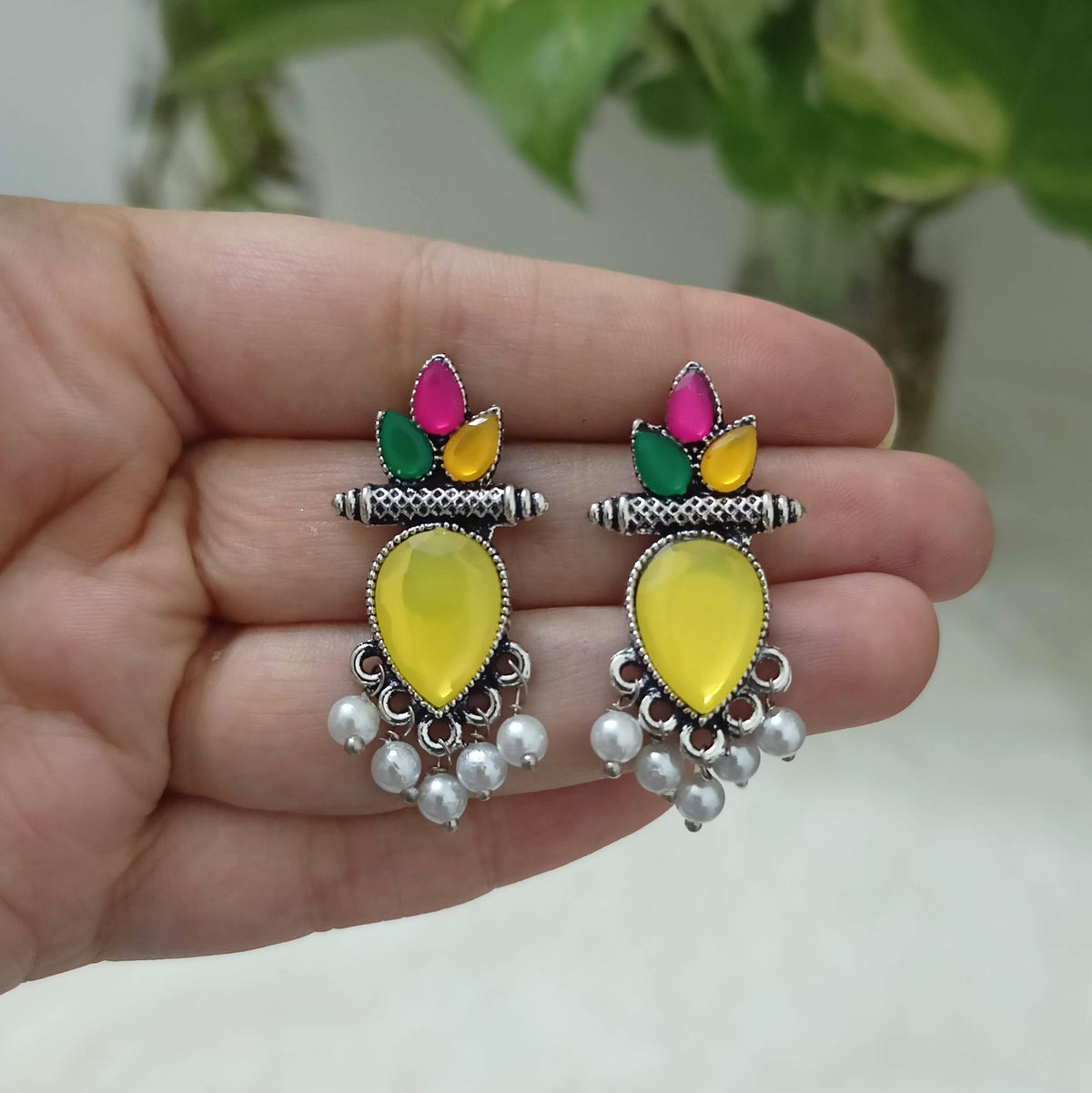Yellow & Multicolor Stone Studded Silver Oxidised Earrings