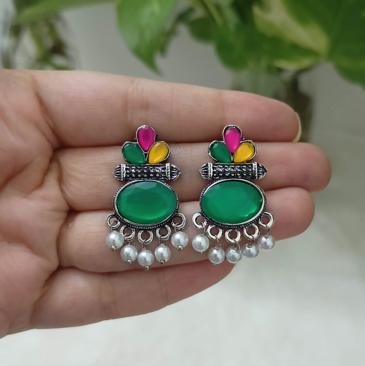 Green & Multicolor Stone Studded Oval Shape Silver Oxidised Earrings