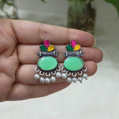 Light Green & Multicolor Stone Studded Oval Shape Silver Oxidised Earrings