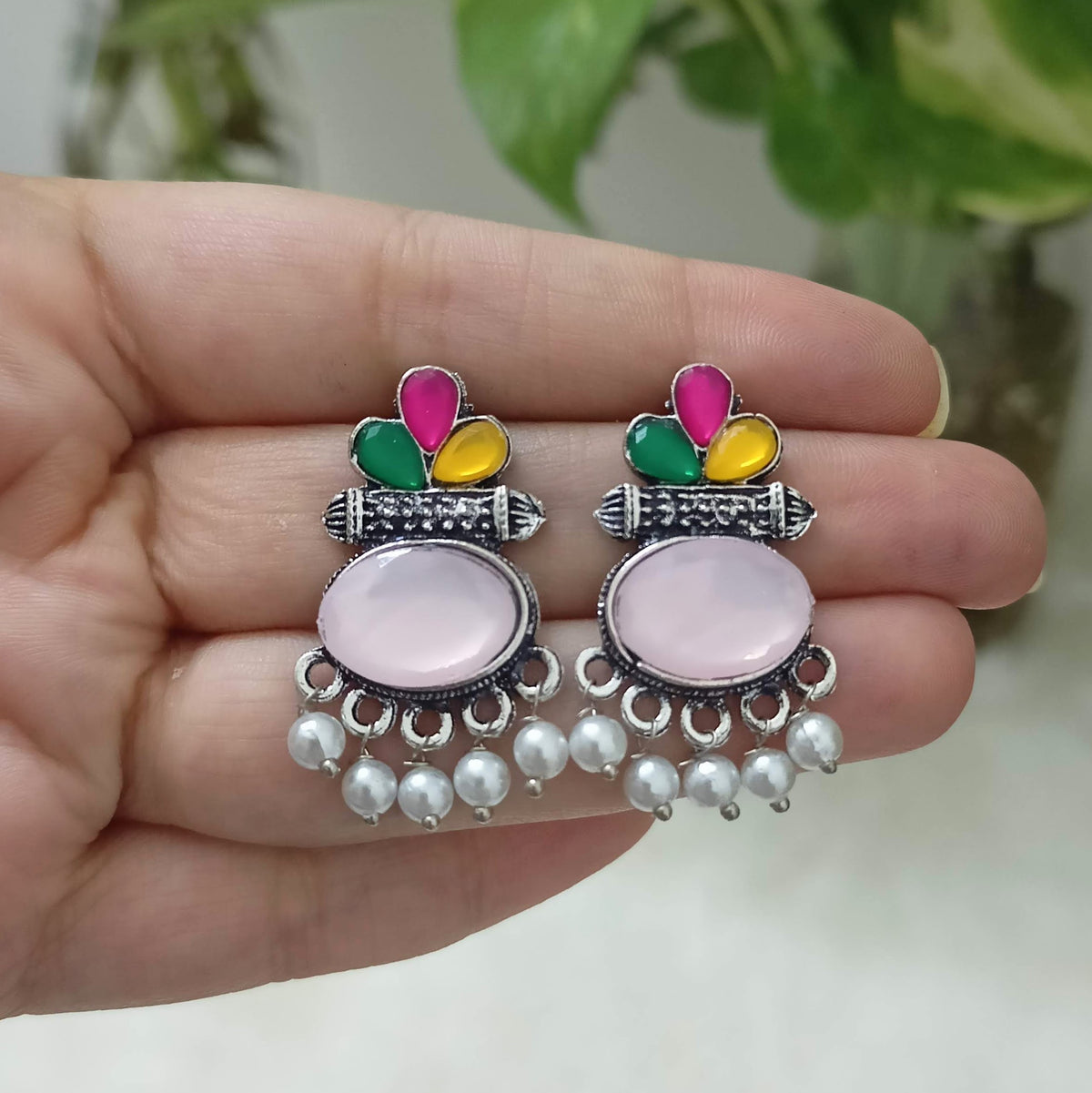 Multicolor Stone Studded Oval Shape Silver Oxidised Earrings