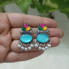 Aqua Blue & Multicolor Stone Studded Oval Shape Silver Oxidised Earrings