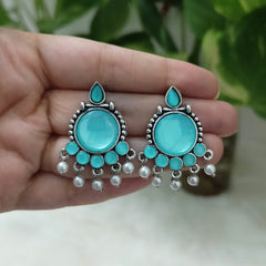 Aqua Blue Stone Studded Round Shape Silver Oxidised Earrings