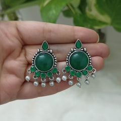 Green Stone Studded Round Shape Silver Oxidised Earrings