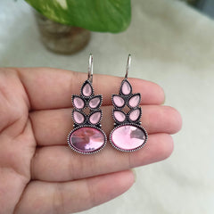 Baby Pink Color Leafs & Oval Shape Silver Oxidised Earrings