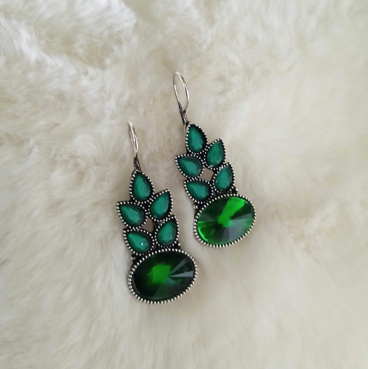 Green Color Leafs & Oval Shape Silver Oxidised Earrings