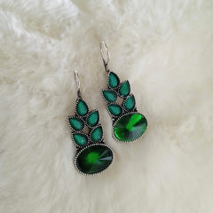 Green Color Leafs & Oval Shape Silver Oxidised Earrings