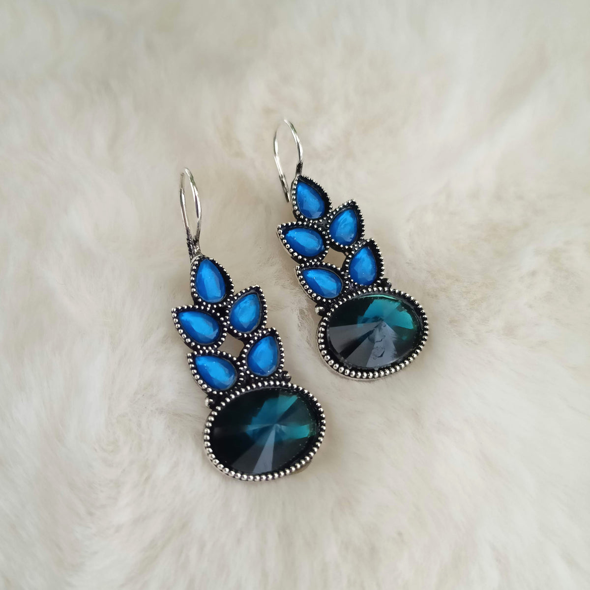 Blue Color Leafs & Oval Shape Silver Oxidised Earrings