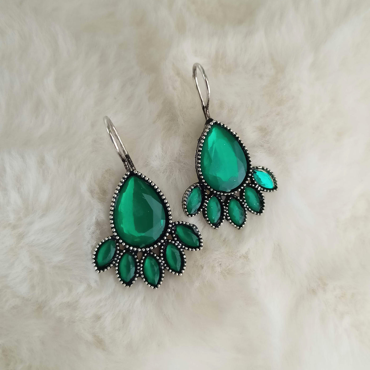 Green Color Water Drop Shape Silver Oxidised Earrings