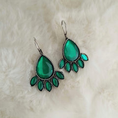 Green Color Water Drop Shape Silver Oxidised Earrings
