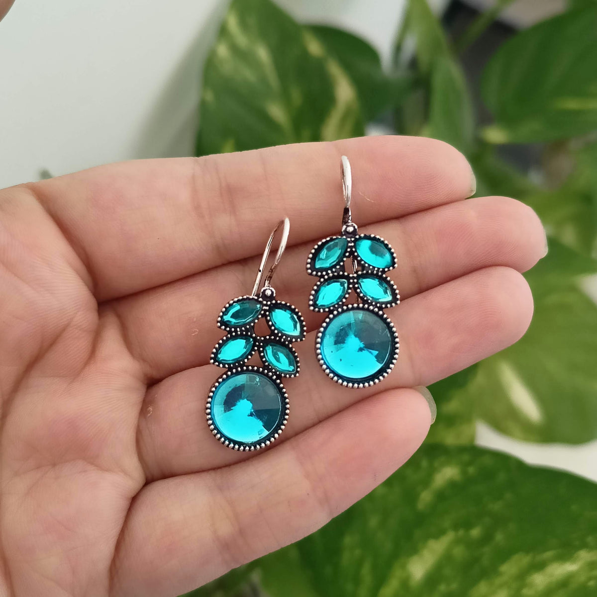 Aqua Blue Color Trending Fashion Silver Oxidised Earrings