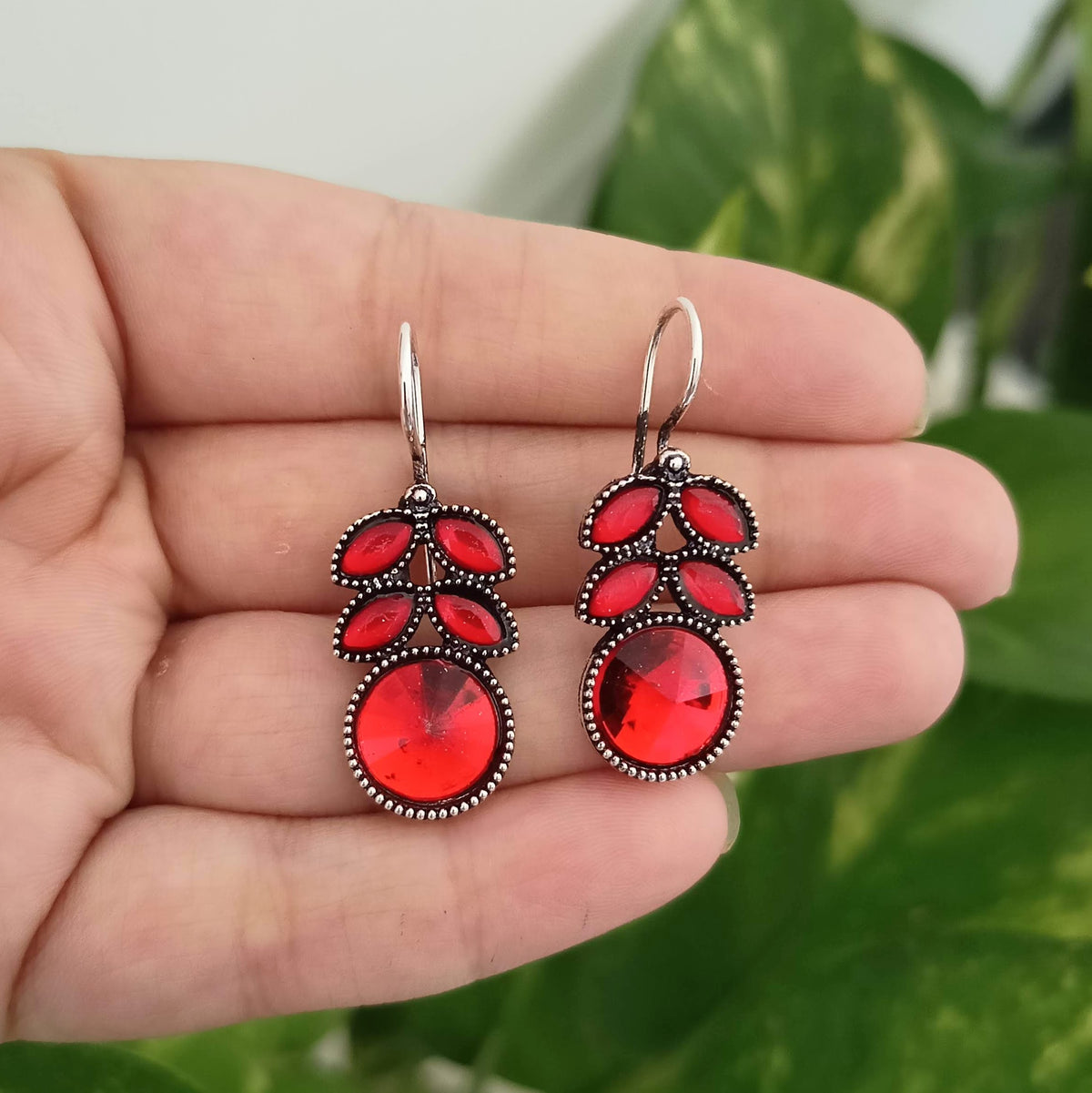 Red Color Trending Fashion Silver Oxidised Earrings