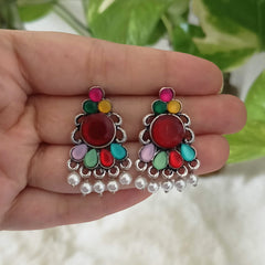 Red Big Stone & Multicolor Silver Oxidised Earrings