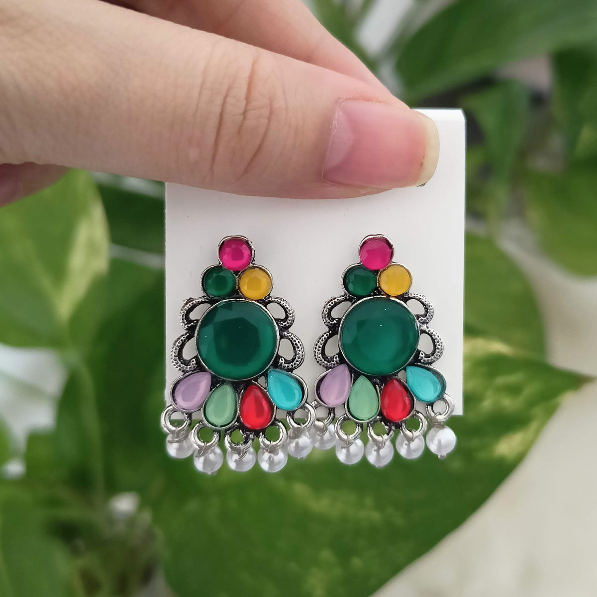 Green Big Round Stone & Multicolor Silver Oxidised Earrings