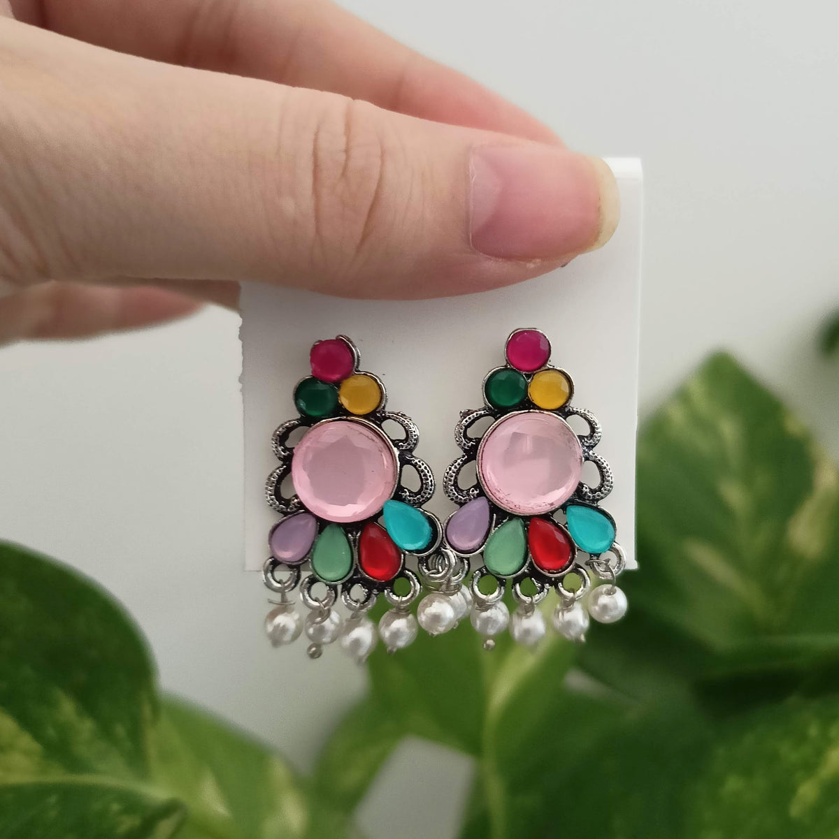Baby Pink Big Round Stone & Multicolor Silver Oxidised Earrings
