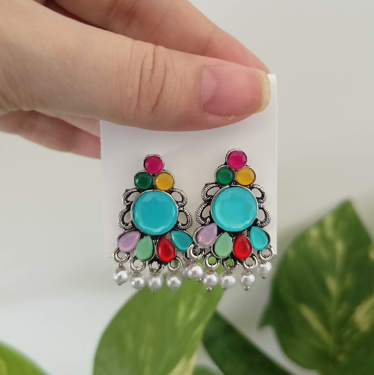 Aqua Blue Big Round Stone & Multicolor Silver Oxidised Earrings