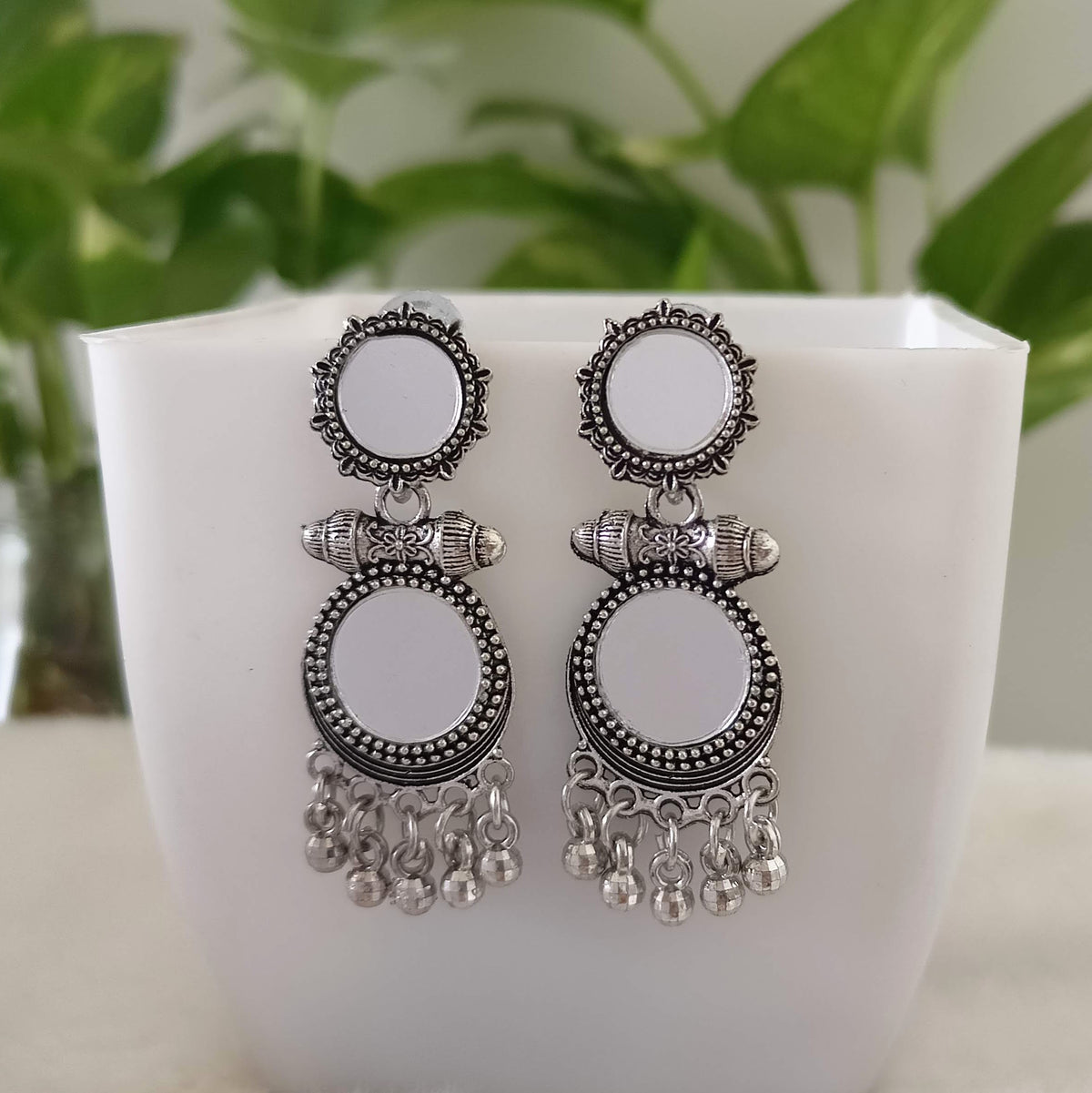 Double Mirror Beautiful Festive Silver Oxidised Earrings