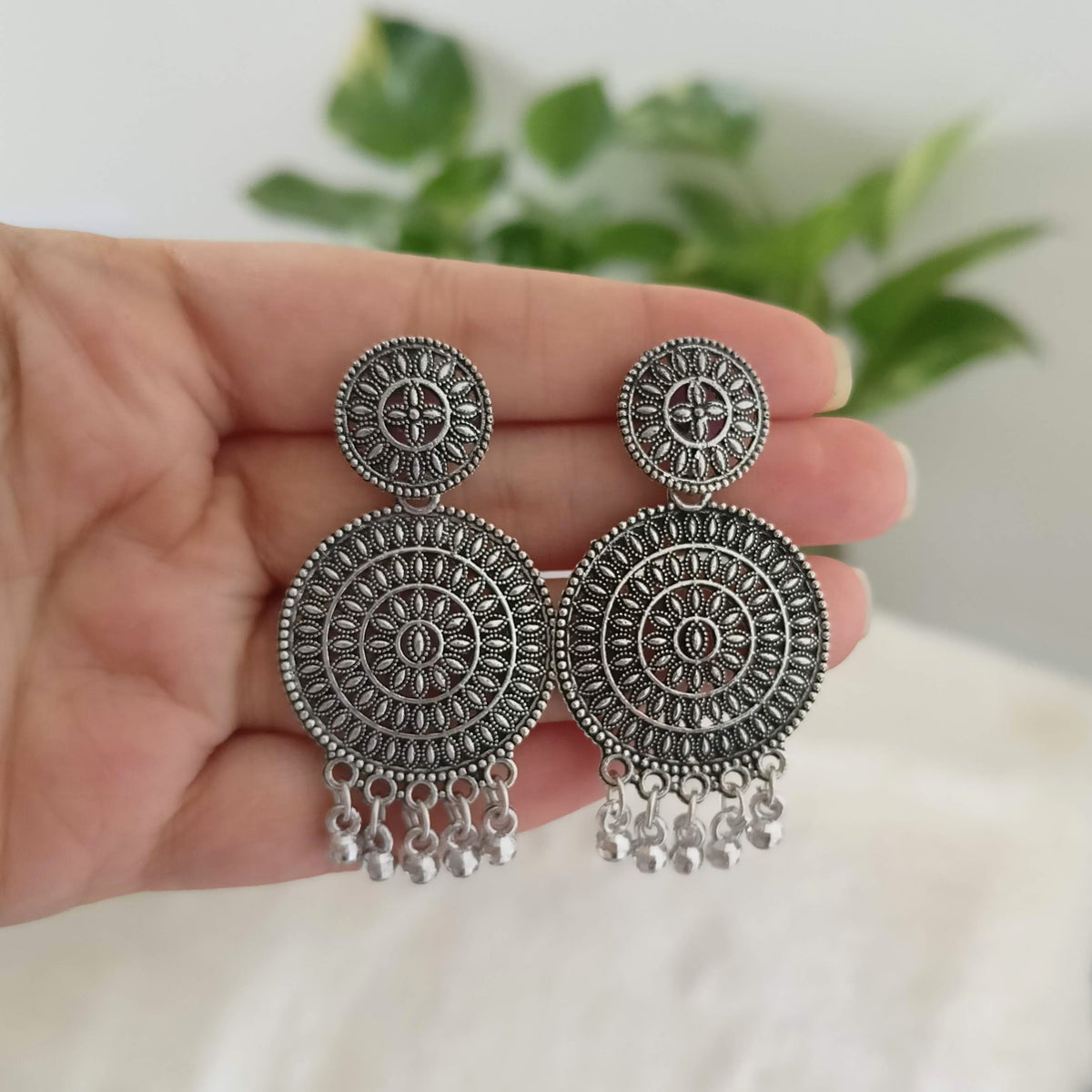 Gorgeous Round Festive Silver Oxidised Earrings