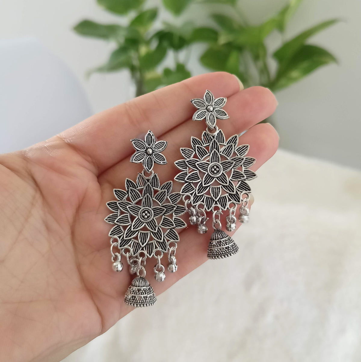 Big Flower Shape Festive Silver Oxidised Earrings