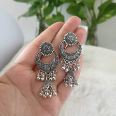 Chaandbali Drop Jhumka Festive Silver Oxidised Earrings