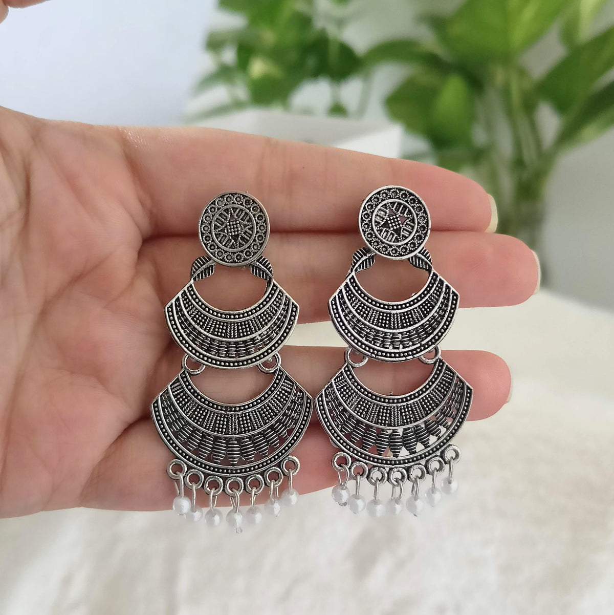 Double Chaandbali Drop White Beads Silver Oxidised Earrings