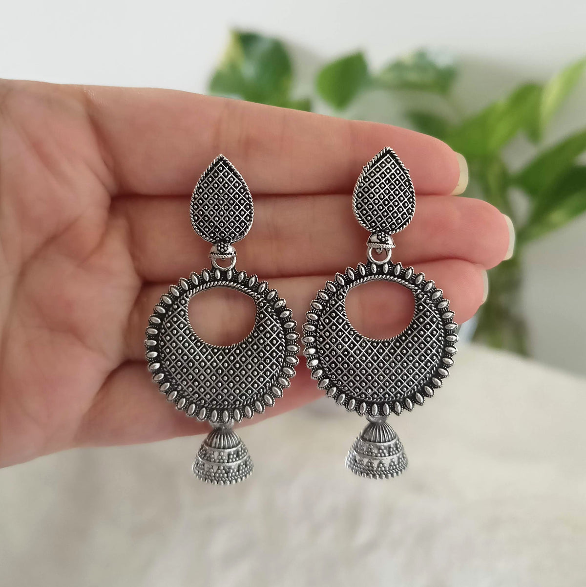 Festive Wear Drop Jhumka Silver Oxidised Earrings
