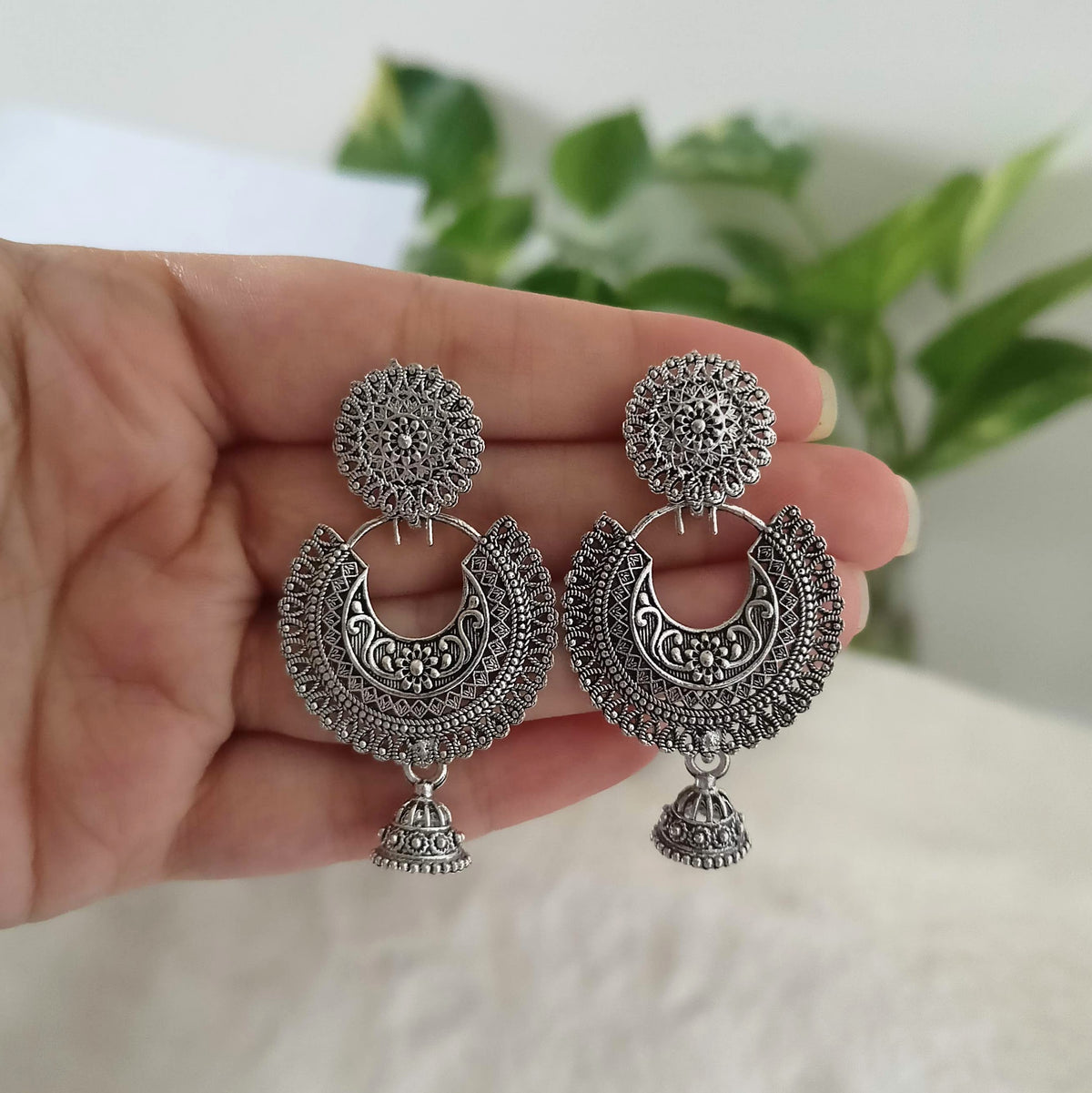 Drop Jhumka Beautiful Chaandbali Silver Oxidised Earrings