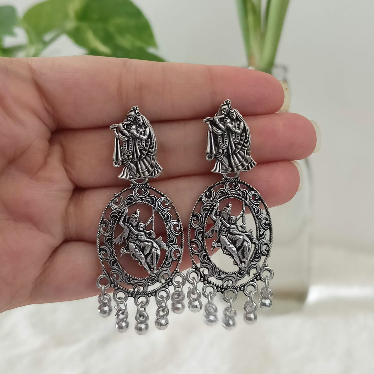 Radha Krishna Swing Drop Beads Silver Oxidised Trendy Earrings
